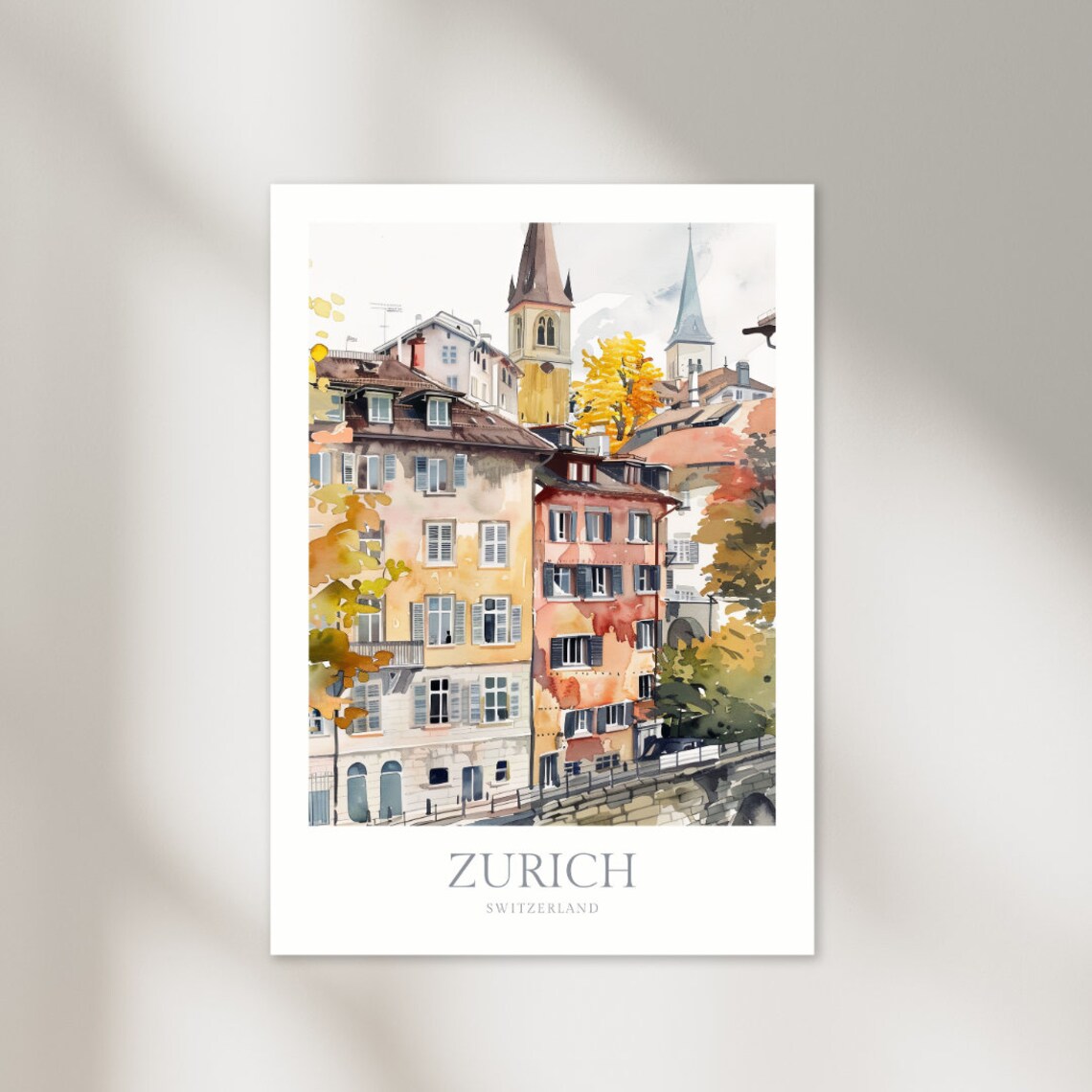 Zurich Switzerland Old Town Autumn Street Watercolor Art Poster