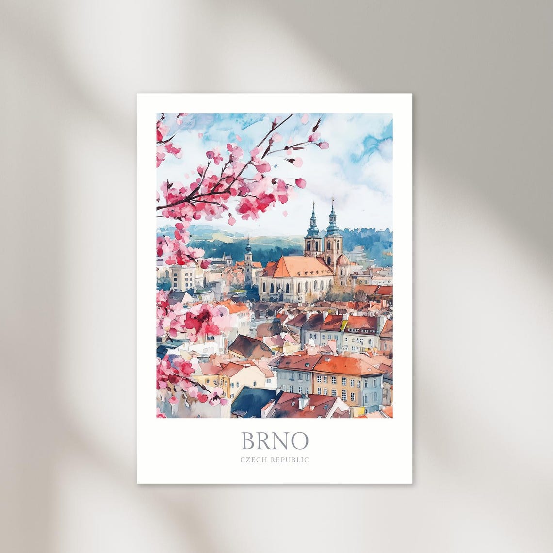 Brno Czech Republic Cherry Blossom Cathedral Watercolor Art Poster
