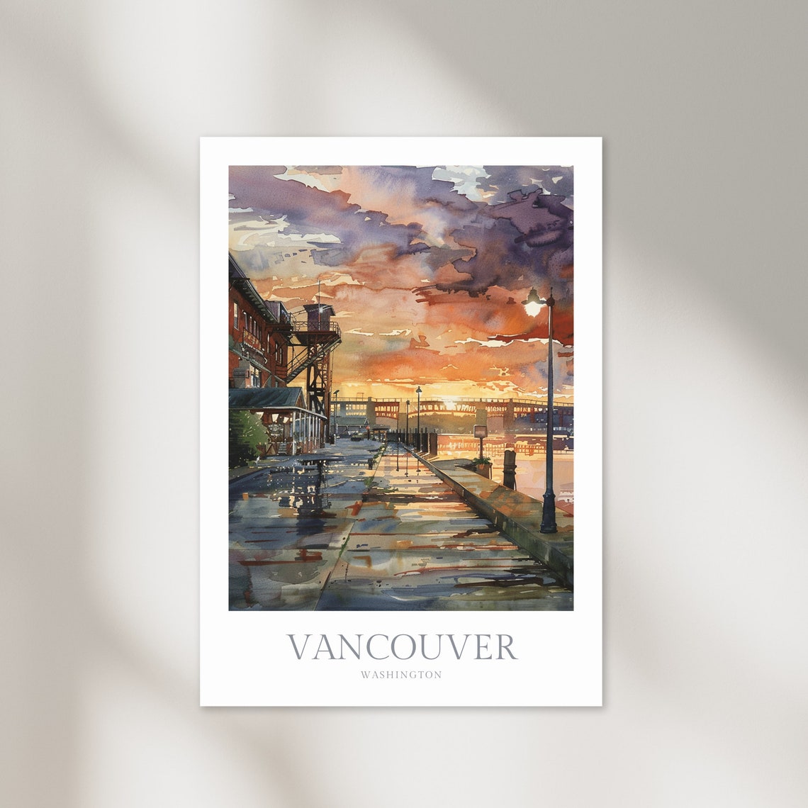 Vancouver Washington Waterfront Sunset Watercolor Bridge Poster