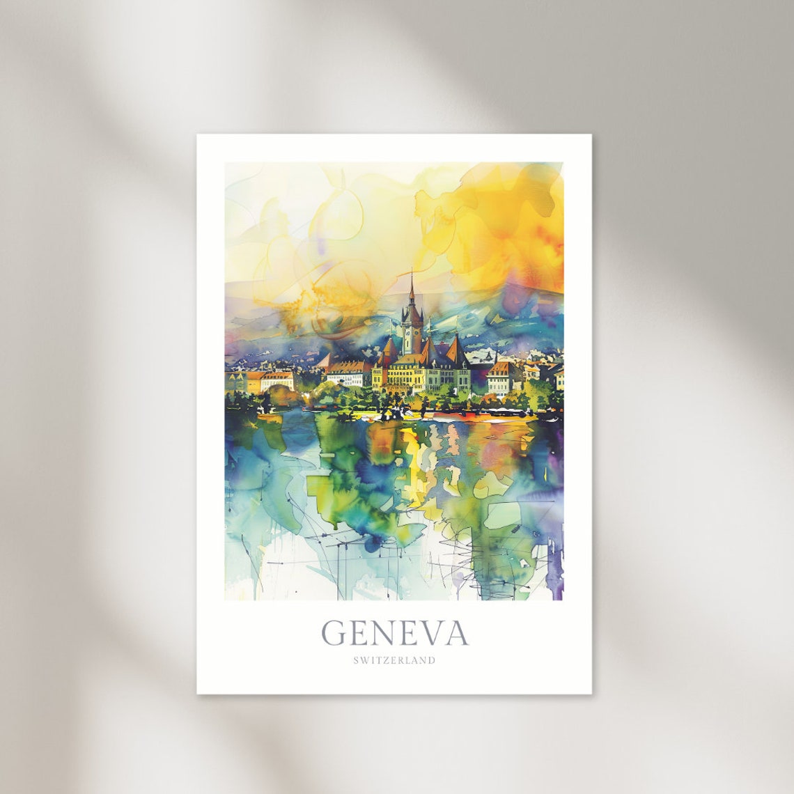 Geneva Switzerland Lake Reflection Golden Sky Watercolor Poster
