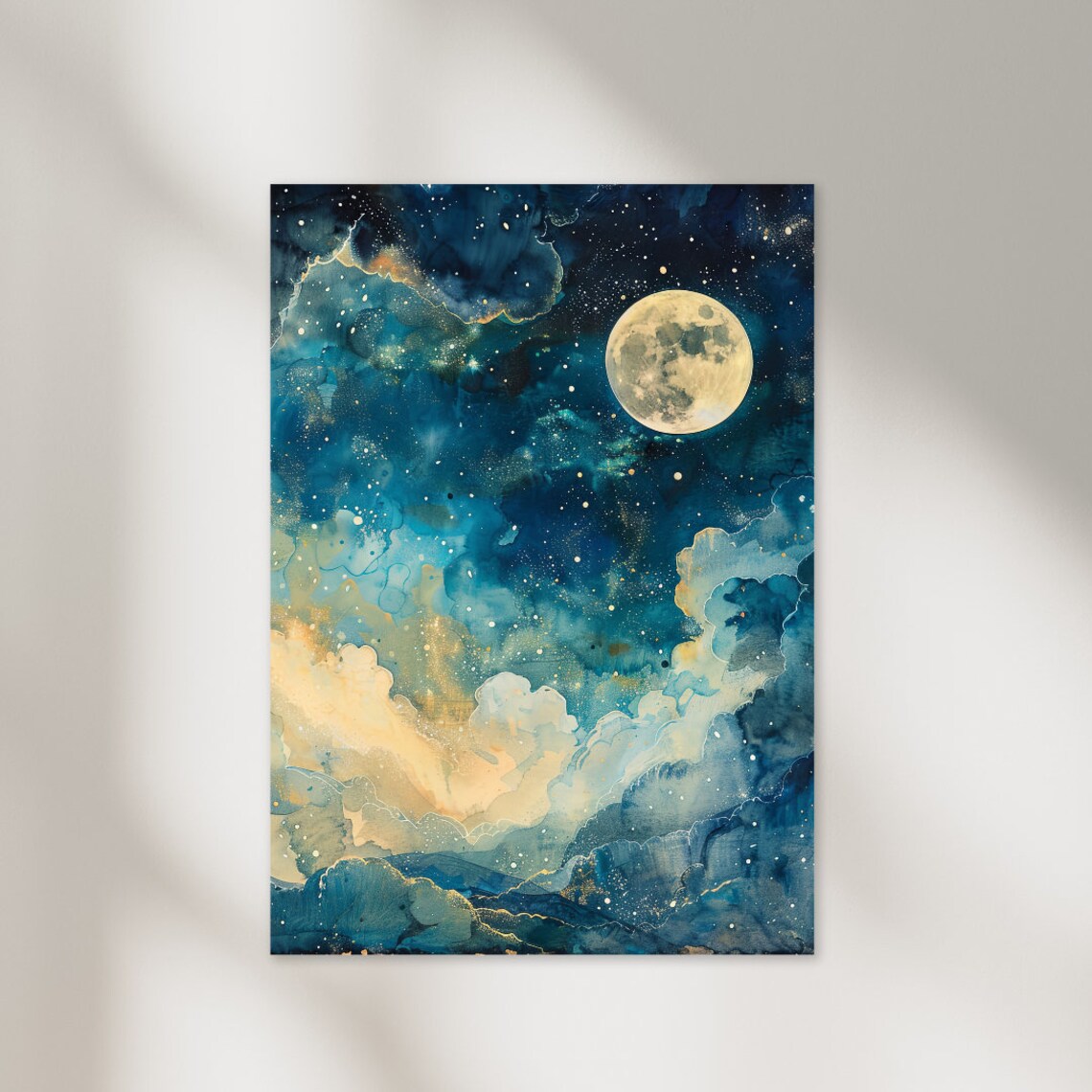 Celestial Full Moon Starry Indigo Night Sky Gold Clouds Watercolor Poster - Image 2
