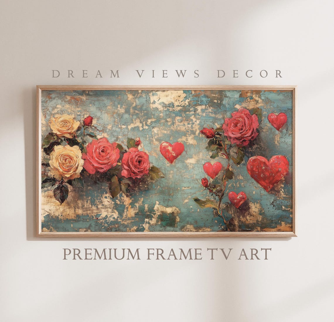Valentines Day Roses Red Hearts Vintage Oil Painting Romantic Wall Art