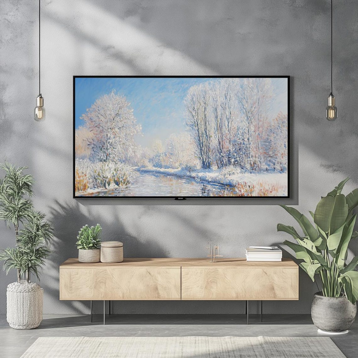 Snowy Winter River Trees Digital Frame Tv Landscape Wall Art