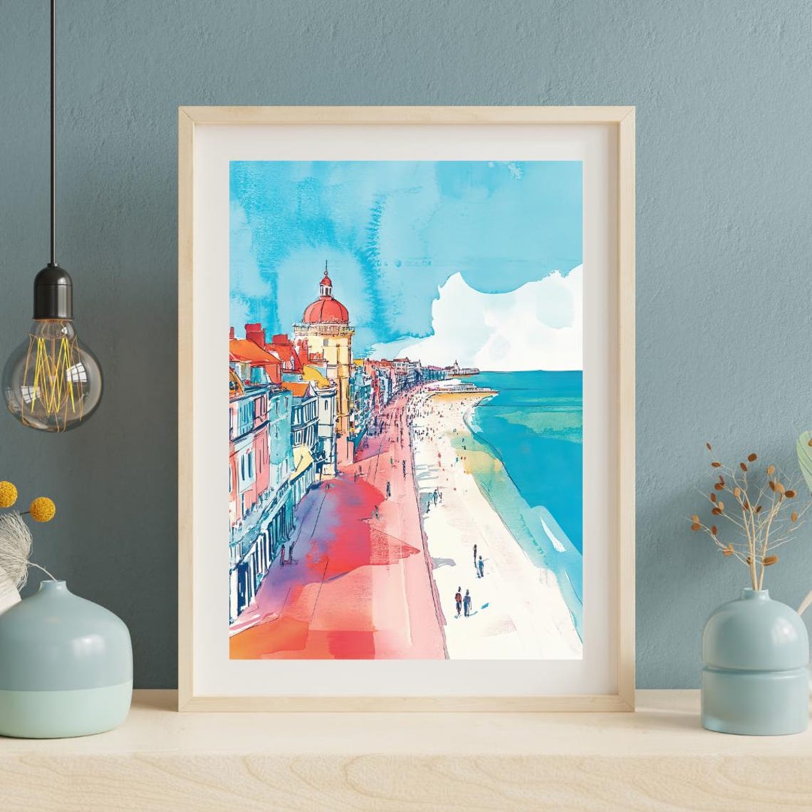 Brighton Beach Waterfront Promenade Red Dome Watercolor Poster - Image 2