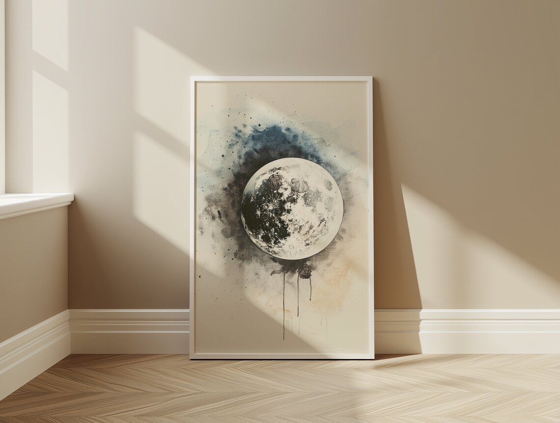 Monochrome Full Moon Ink Splatter Minimalist Black White Poster Art