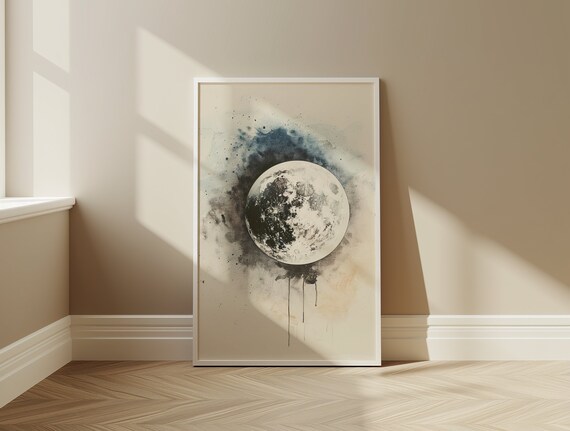 Monochrome Full Moon Ink Splatter Minimalist Black White Poster Art