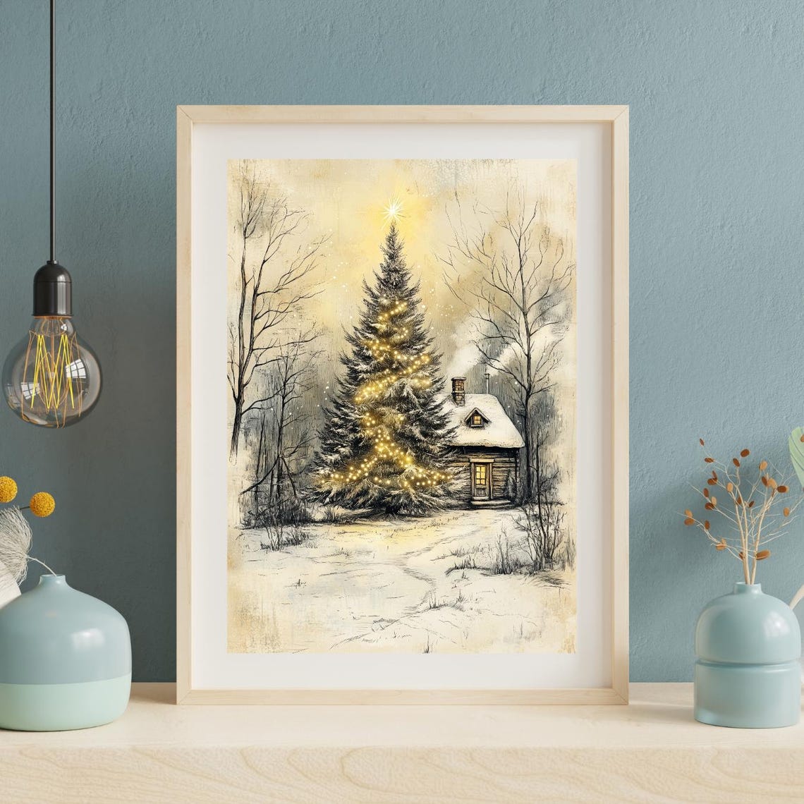Vintage Sepia Christmas Tree Golden Lights Cabin Sketch Art Poster - Image 3