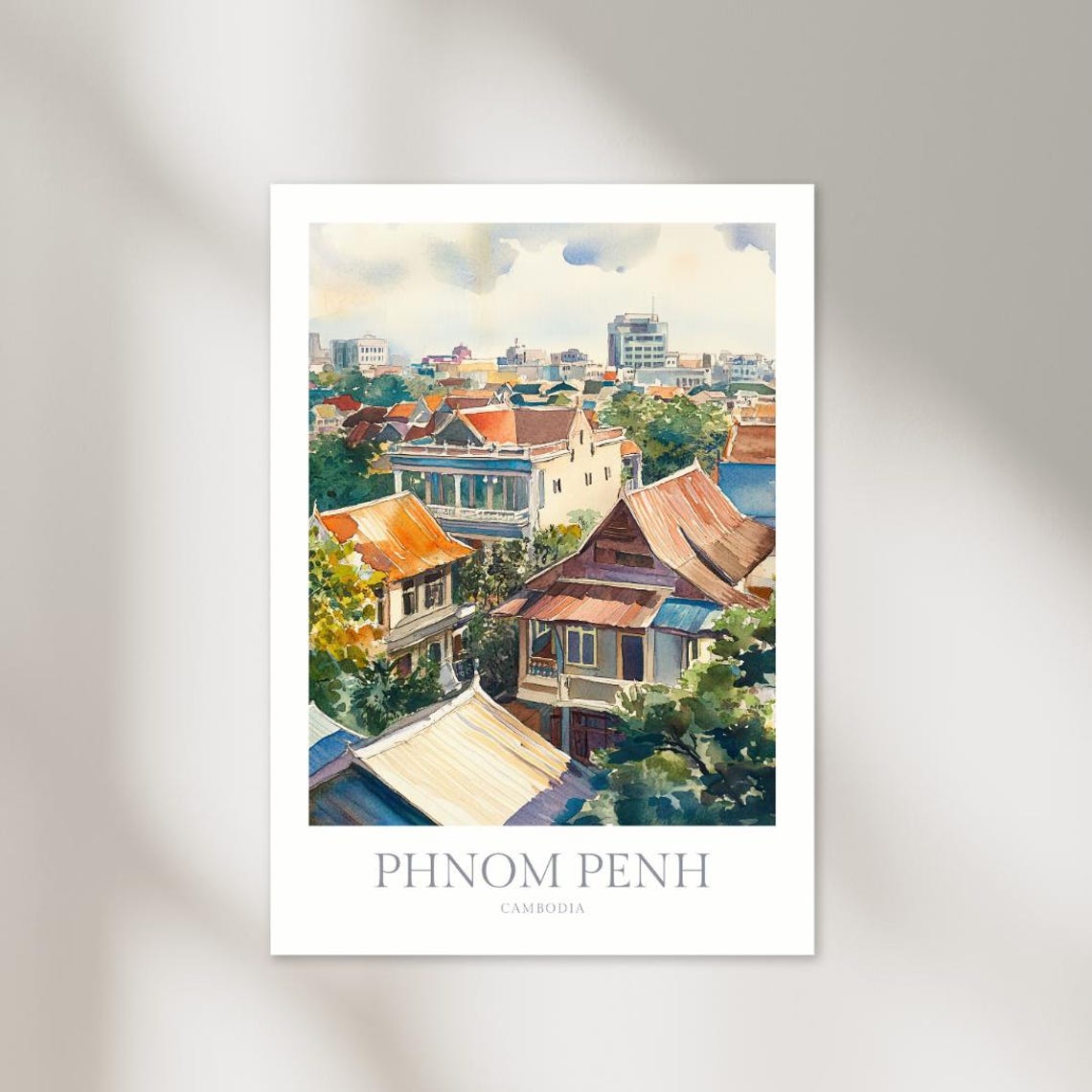 Phnom Penh Cambodia Rust Red Rooftops Watercolor Travel Art Poster