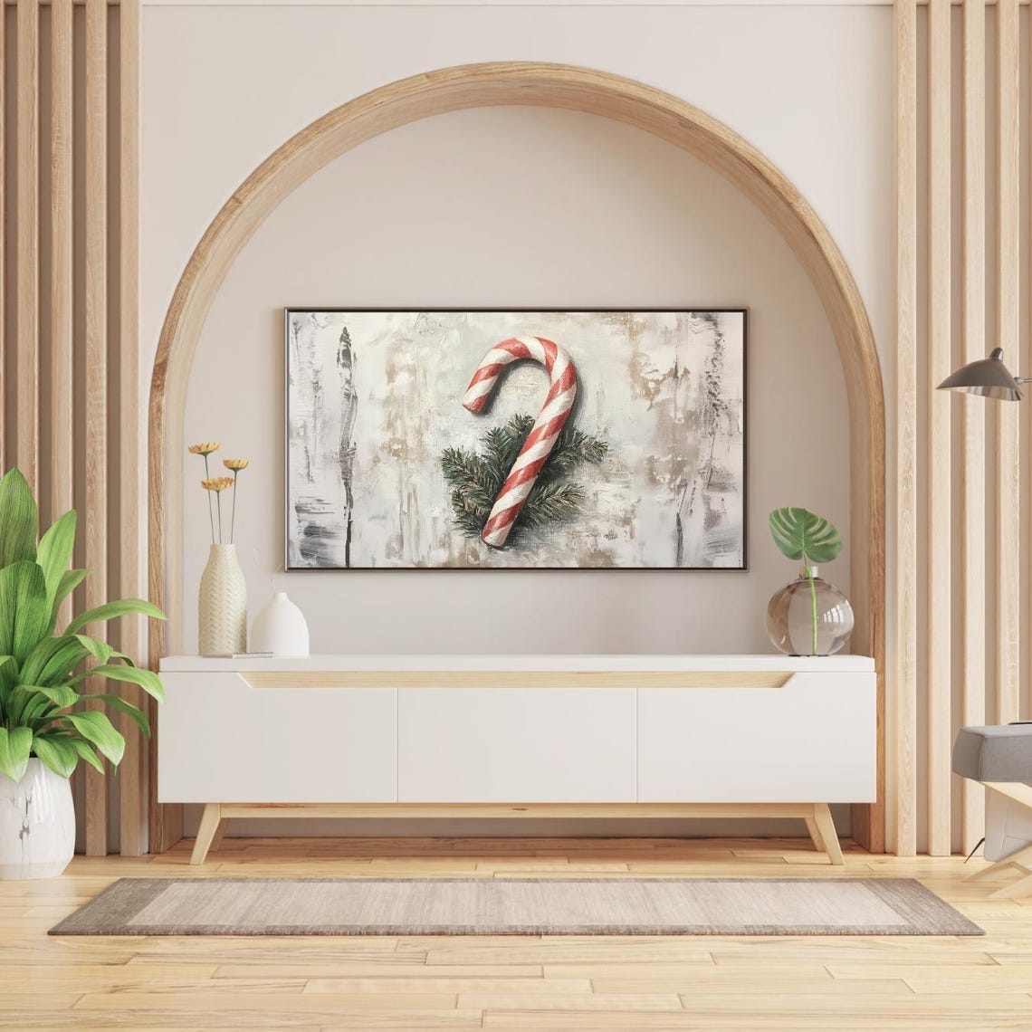 Christmas Candy Cane Pine Sprigs Rustic Abstract Frame TV Poster