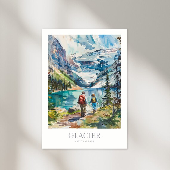 Glacier National Park Hikers Alpine Lake Watercolor Travel Poster