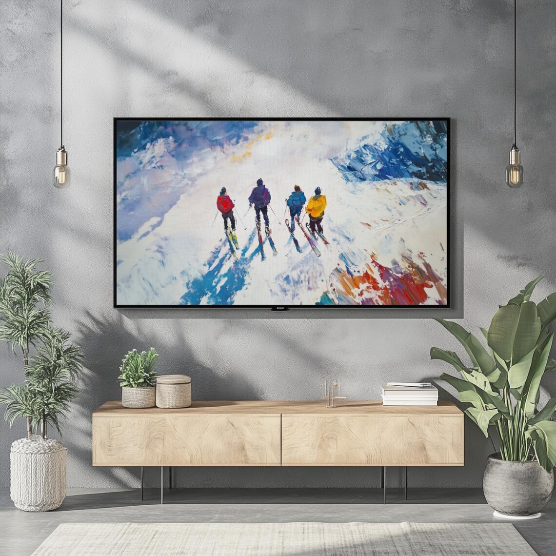 Four Skiers on Snowy Mountain Slope Impressionist Painting Poster - Image 2