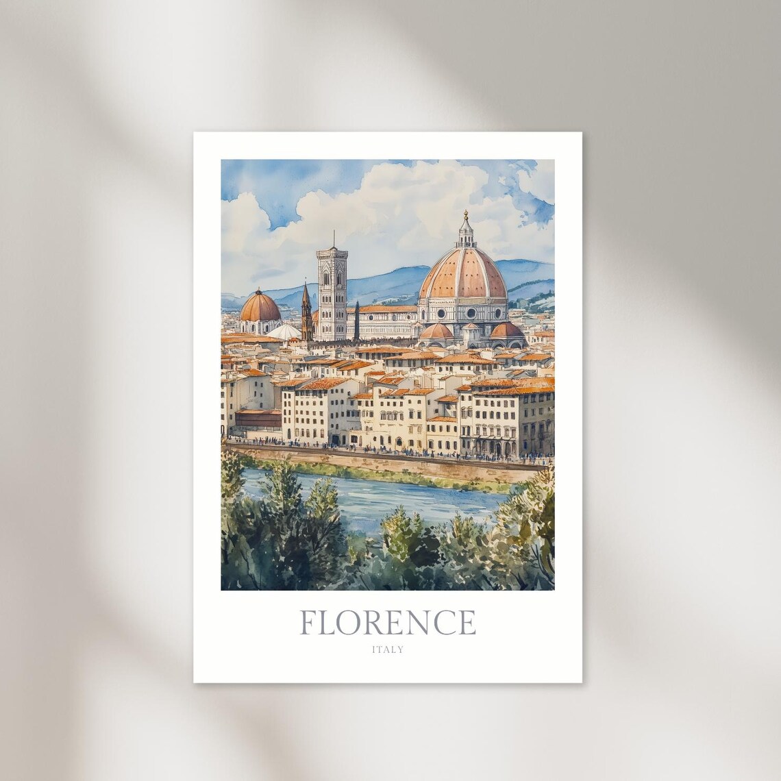 Florence Italy Watercolor Travel Poster, Tuscany