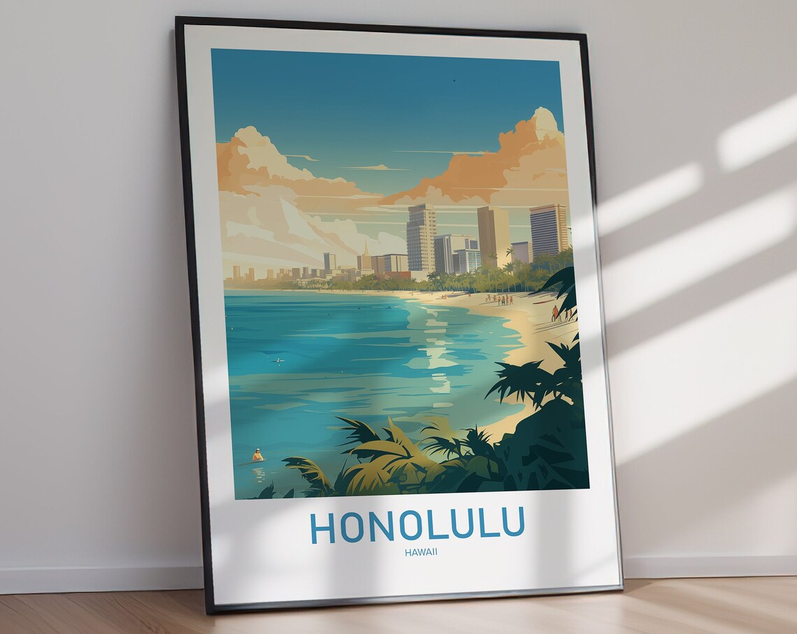 Honolulu Hawaii Beach Skyline Palm Trees Tropical Travel Poster - Image 2
