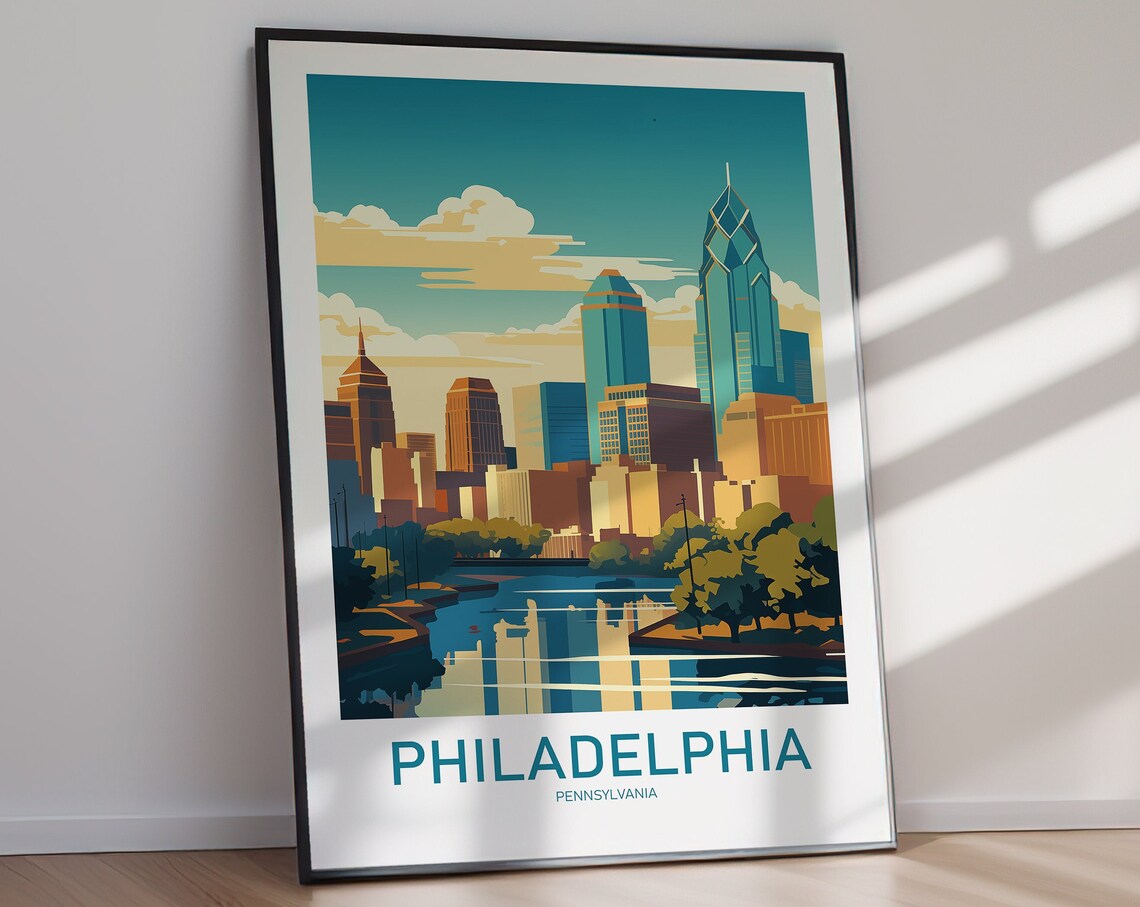 Philadelphia Pennsylvania Skyline River Reflection Travel Poster - Image 2