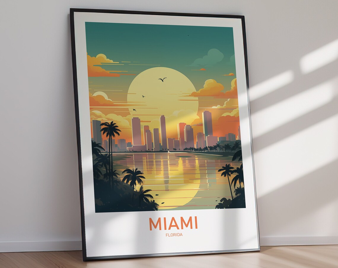 Miami Florida Sunset Skyline Palm Trees Retro Travel Poster Artwork - Image 2