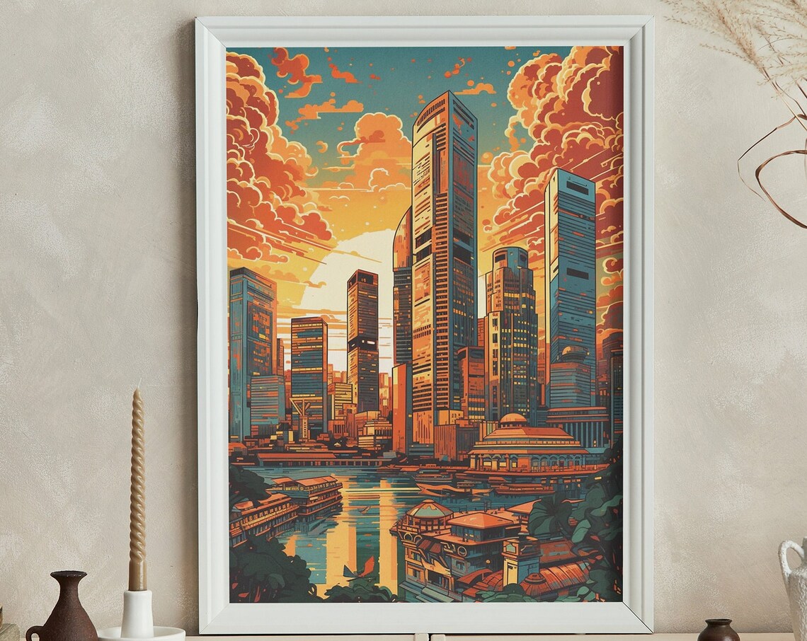 Singapore Marina Bay Skyline At Fiery Sunset Retro Travel Poster