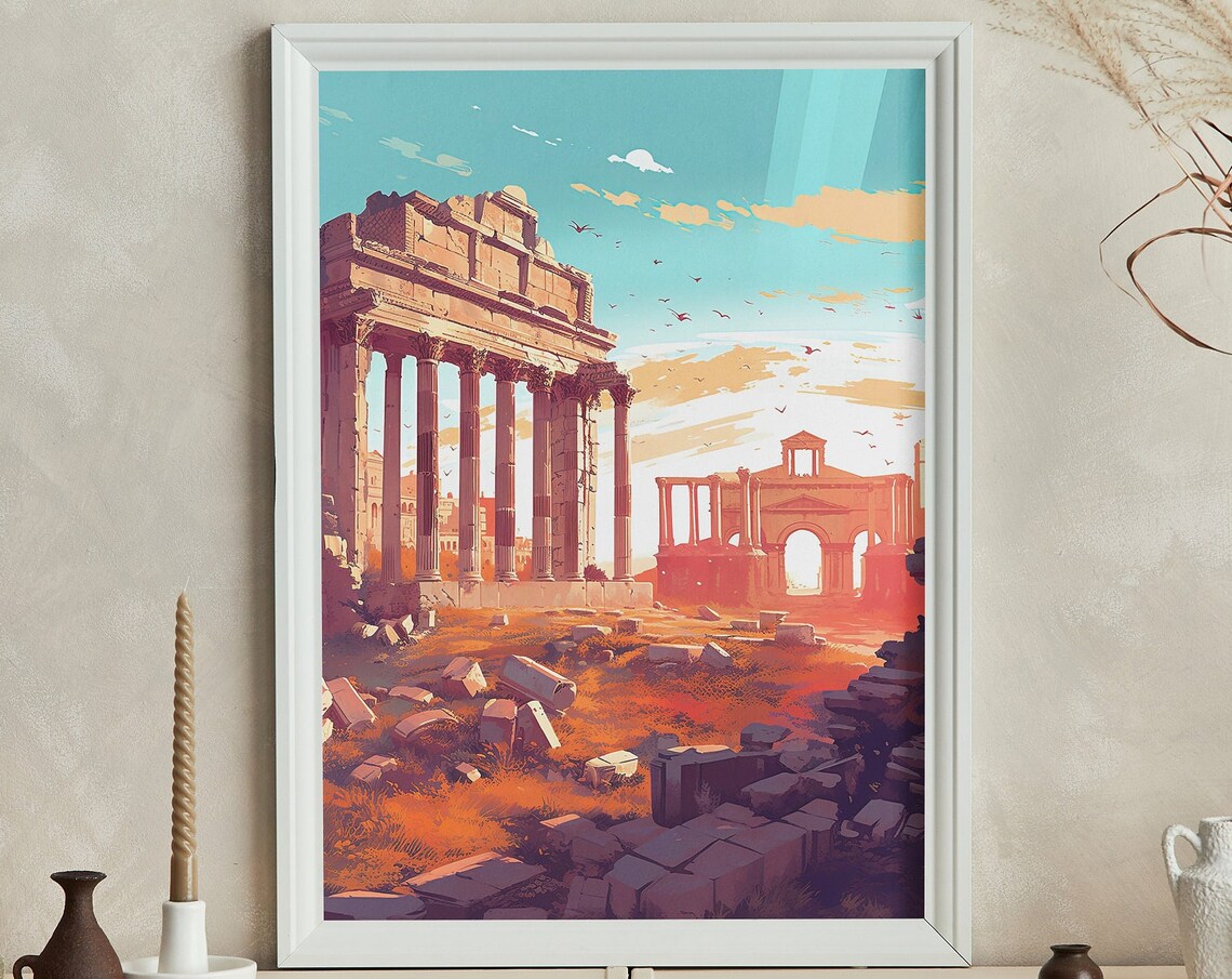 Roman Forum Ruins Rome Italy Golden Sunset Landmark Travel Poster