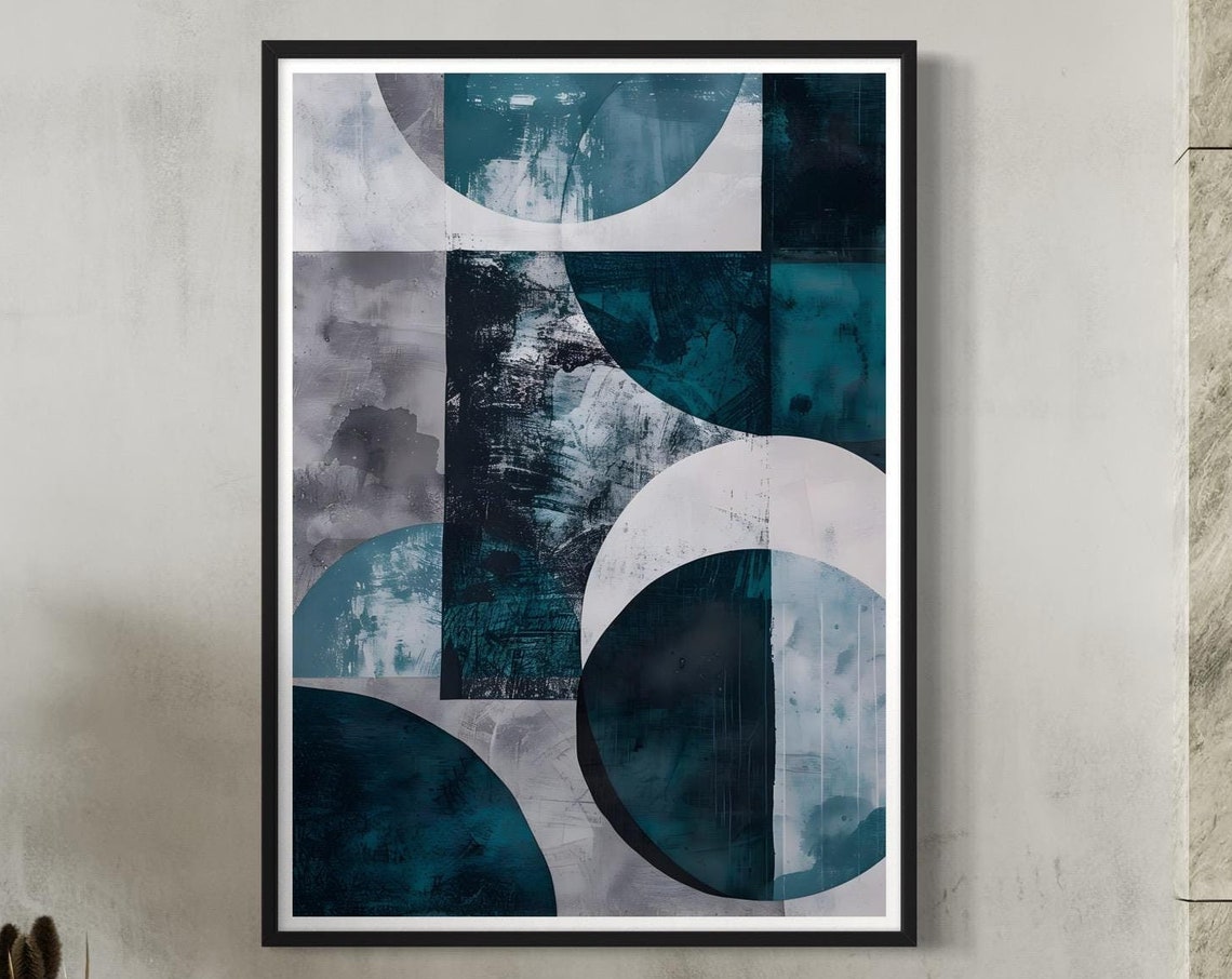 Teal Blue Geometric Circles Mid Century Modern Abstract Wall Art Print