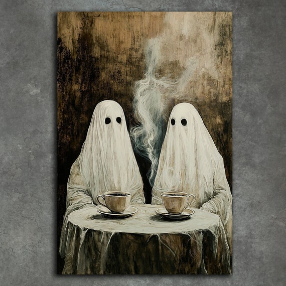 Ghosts Drinking Coffee Canvas Wall Art Ghostly Figure Painting Print Spooky Horror Poster Halloween Decor Gift Ready To Hang