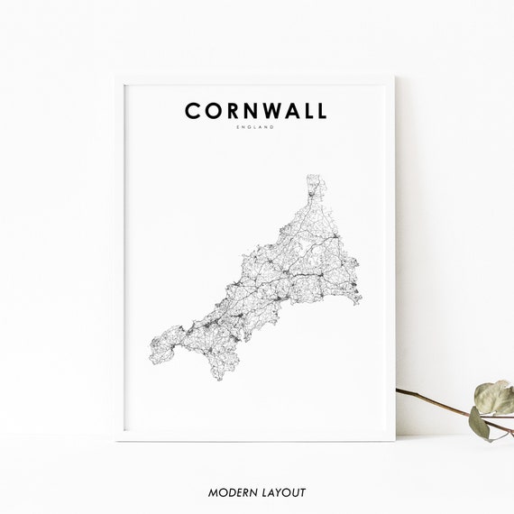 Cornwall England Map Print, UK Road Art Poster