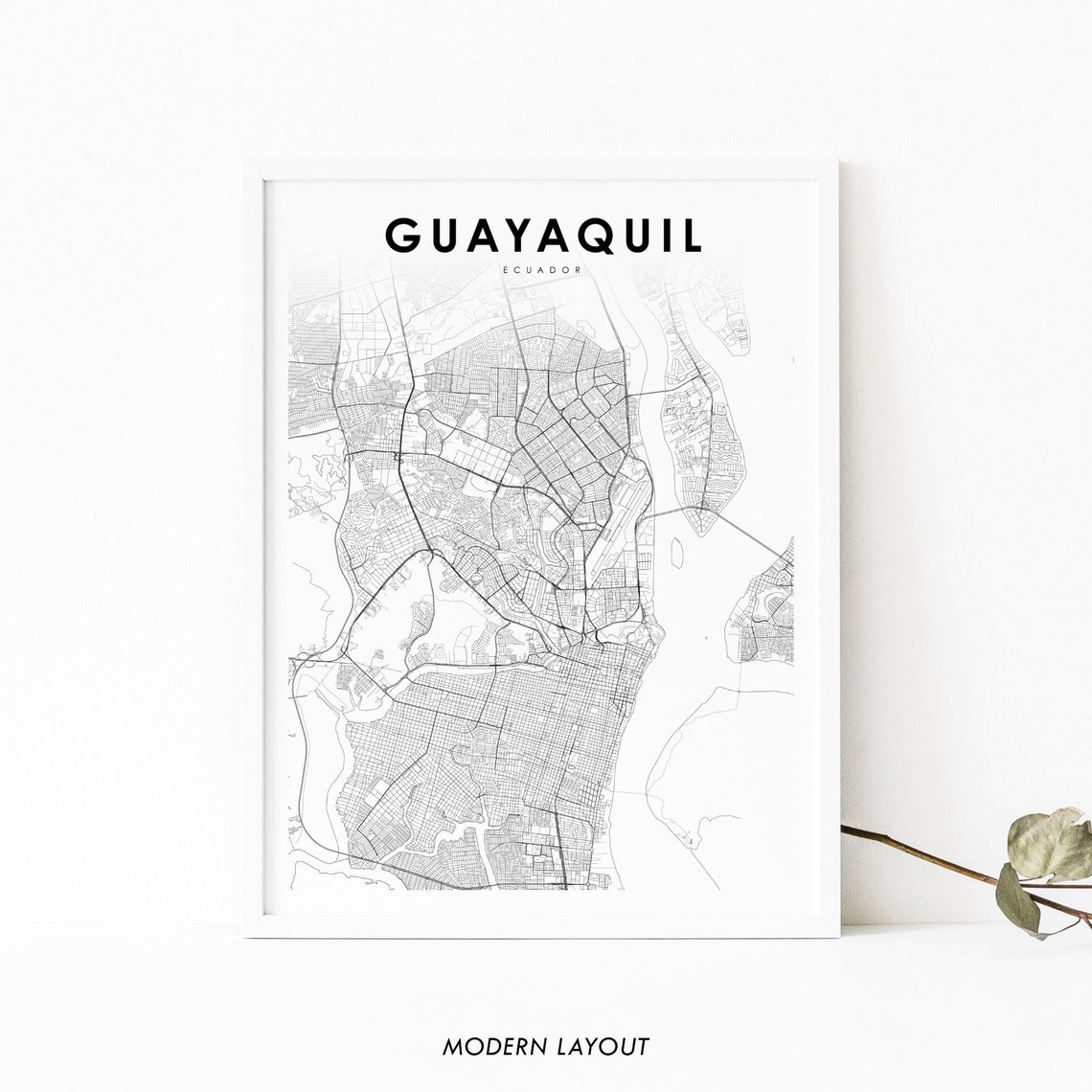 Guayaquil Ecuador Minimalist Black and White City Street Map Poster