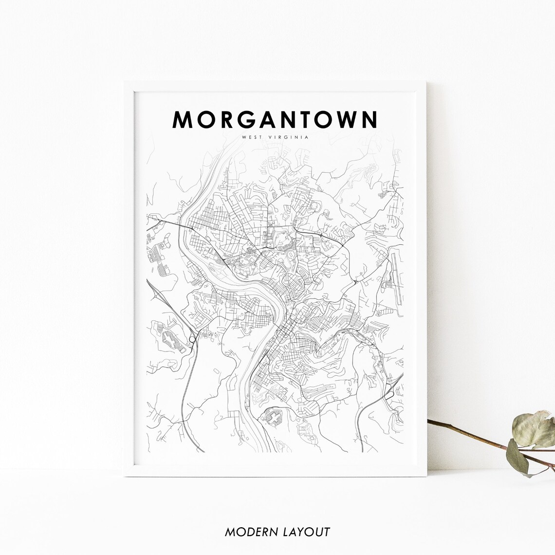 Morgantown WV Map Print, West Virginia City Poster