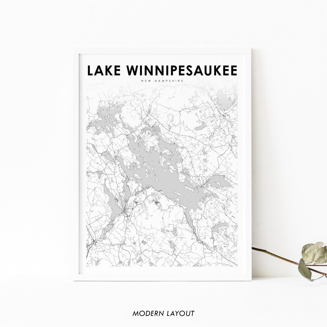 Lake Winnipesaukee New Hampshire Minimalist Black White Map Poster