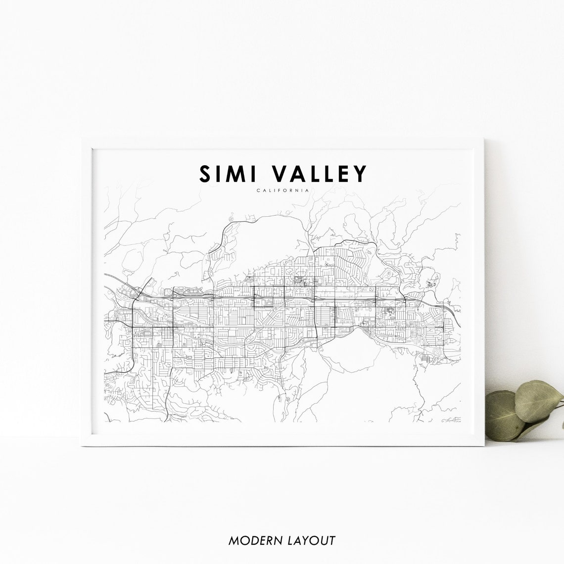 Simi Valley California Monochrome Minimalist Street Map Poster