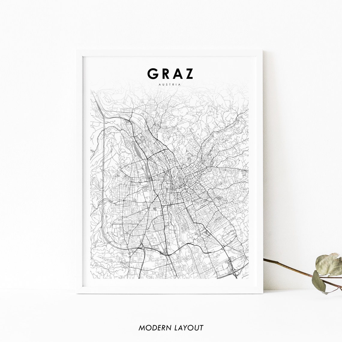 Graz Austria Elegant Modern Minimalist City Street Map Poster
