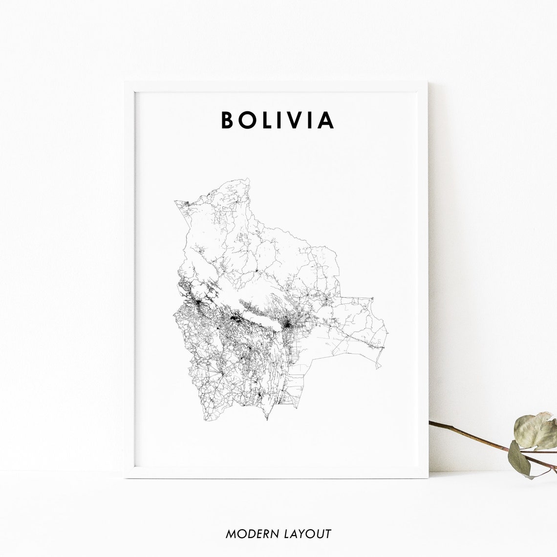 Bolivia Country Road Network Map Minimalist Modern Layout Wall Art