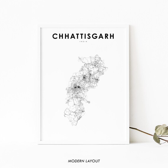 Chhattisgarh India Minimalist Black Line Art Road Map Travel Poster