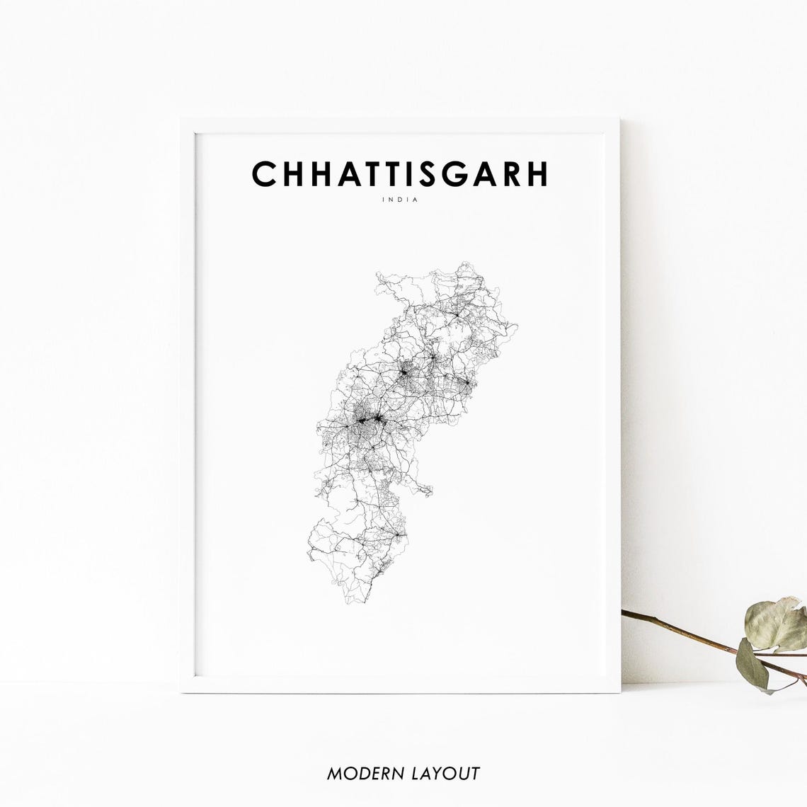 Chhattisgarh India Minimalist Black Line Art Road Map Travel Poster