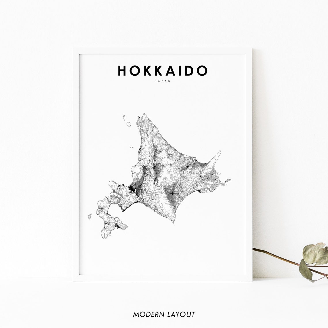 Hokkaido Japan Minimalist Black White Island Road Map Art Poster