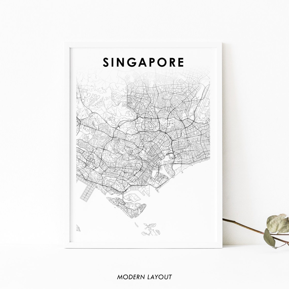 Singapore Minimalist Line Art City Map Modern Black White Poster