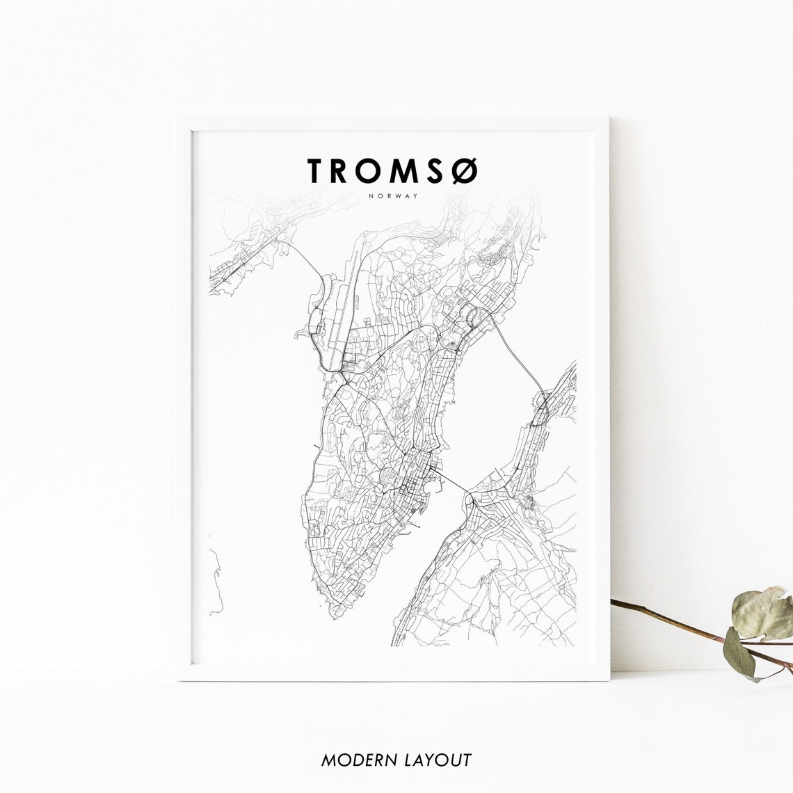 Tromso Norway Minimalist City Street Map Modern Scandinavian Wall Art