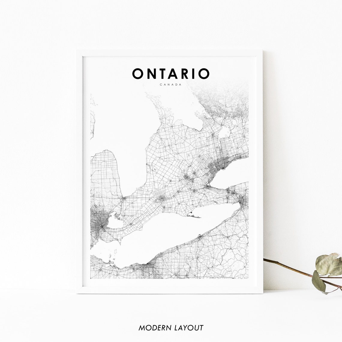 Ontario Canada Road Map Minimalist Black And White Wall Art Piece