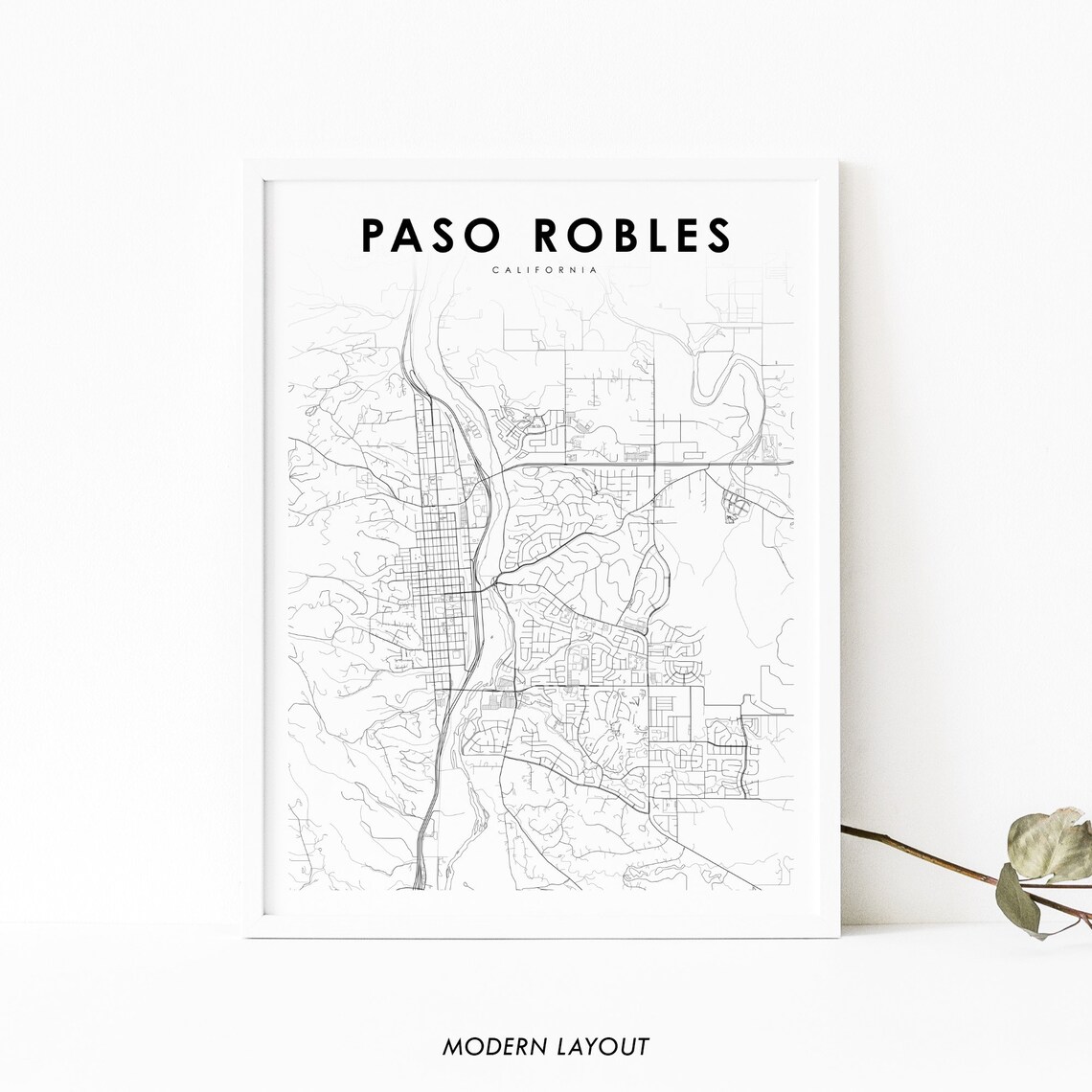 Paso Robles CA Map Print, City Street Road Poster