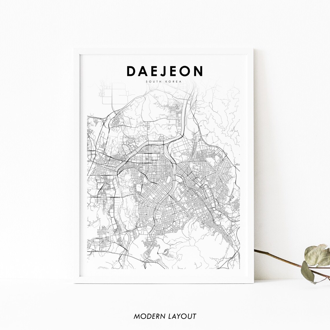 Daejeon South Korea Black And White City Street Map Art Poster
