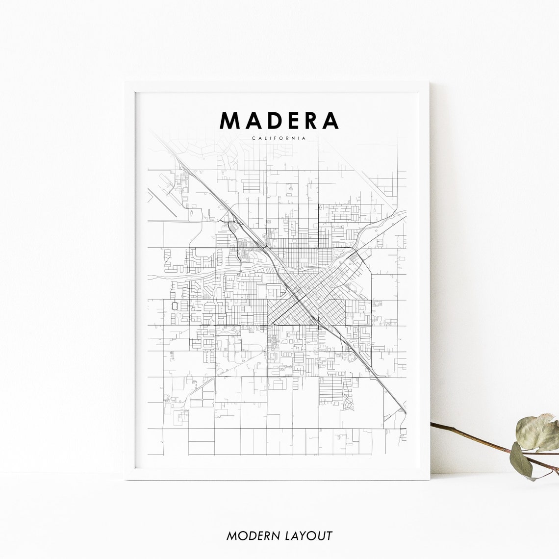 Madera California City Street Map Print Modern Minimalist Layout