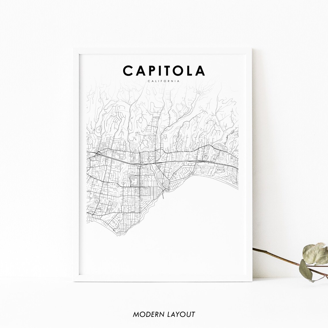 Capitola California Black And White Coastal Street City Map Poster