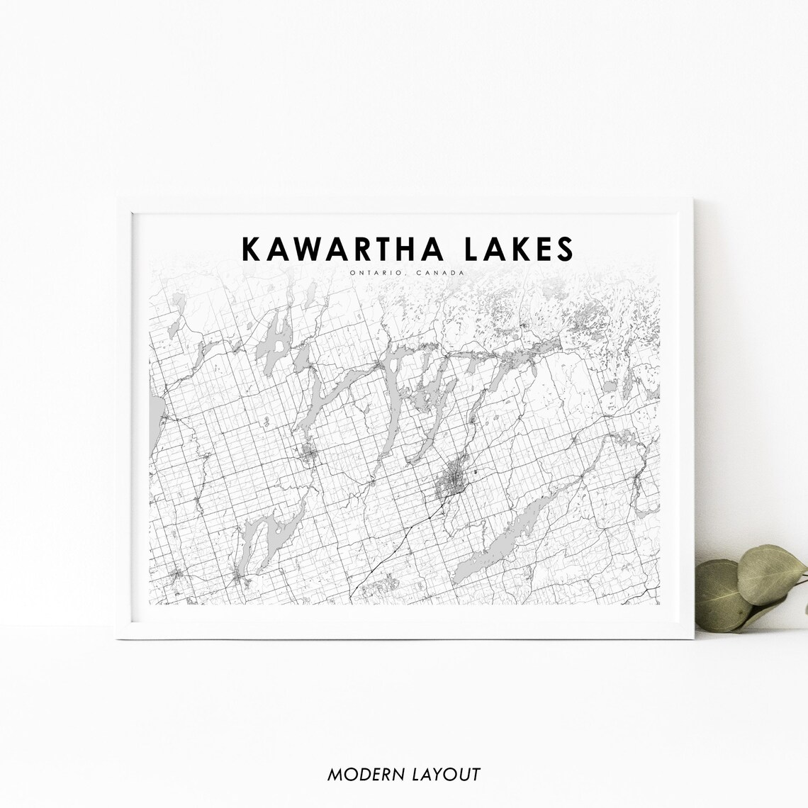Kawartha Lakes Ontario Map Art Print, Canada Road Map