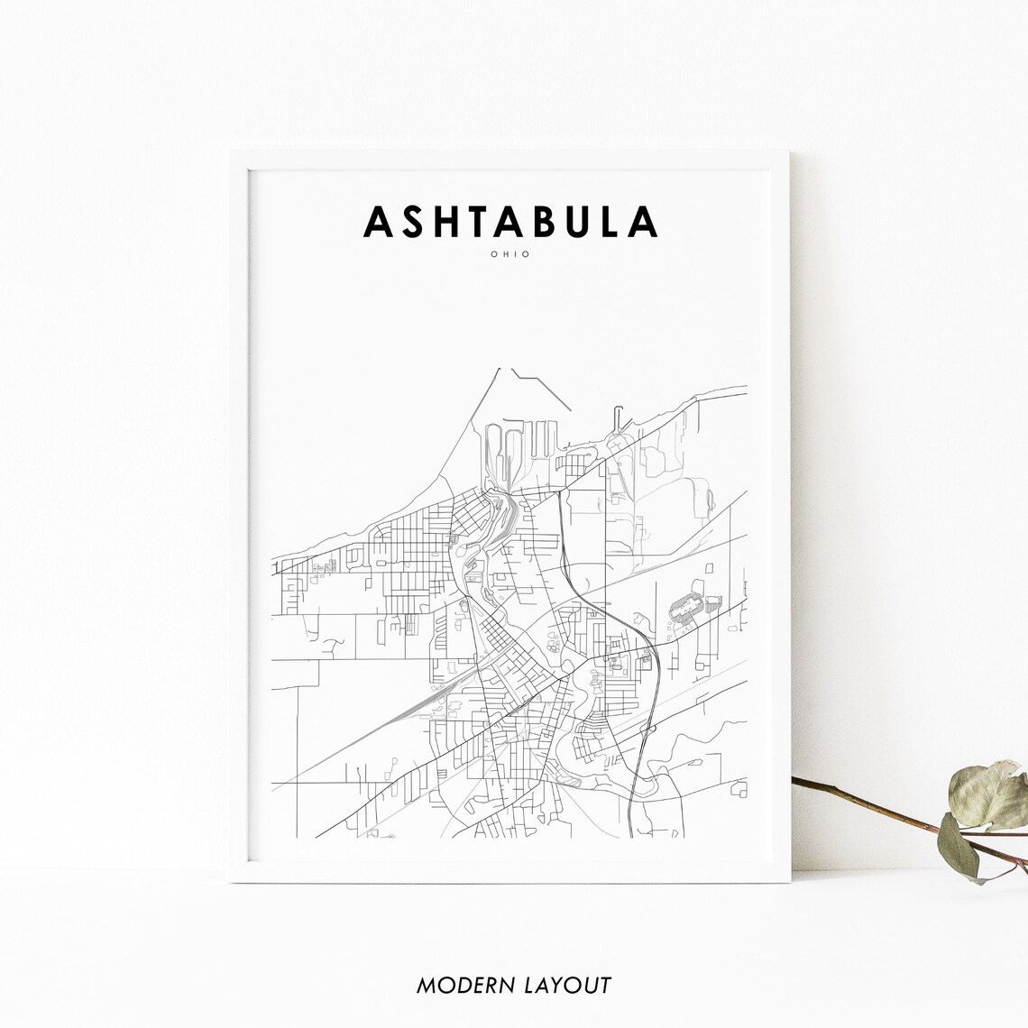Ashtabula OH Map Print, Lake Erie City Poster