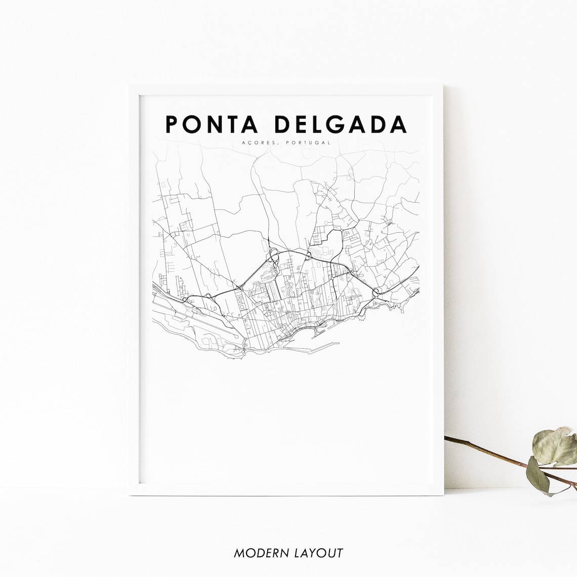 Ponta Delgada Azores Map Art Print, Portugal