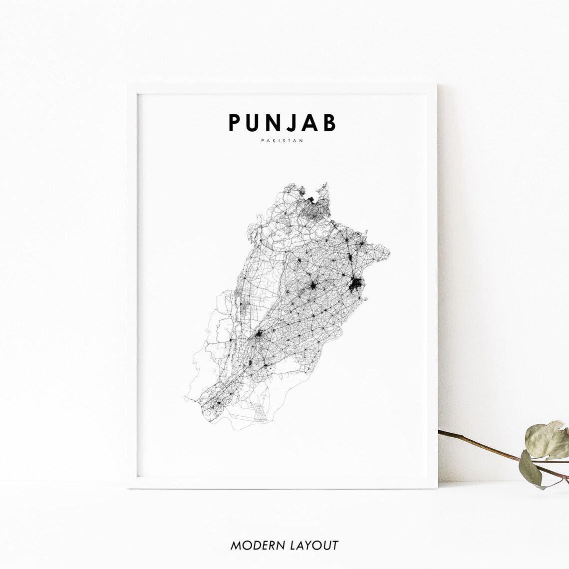 Punjab Pakistan Minimalist Black Line Art Road Map Travel Poster