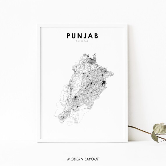 Punjab Pakistan Minimalist Black Line Art Road Map Travel Poster