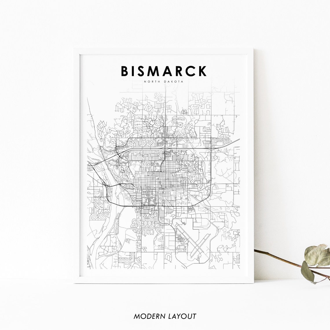 Bismarck North Dakota Black and White Minimal City Map Poster