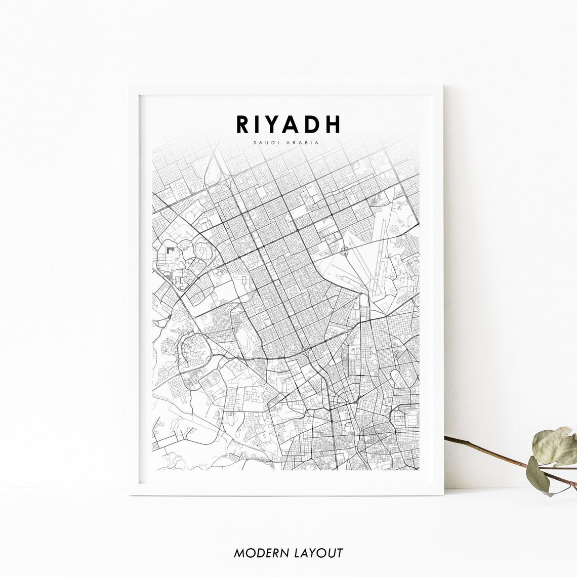 Riyadh Saudi Arabia Modern Black and White Minimalist Map Poster