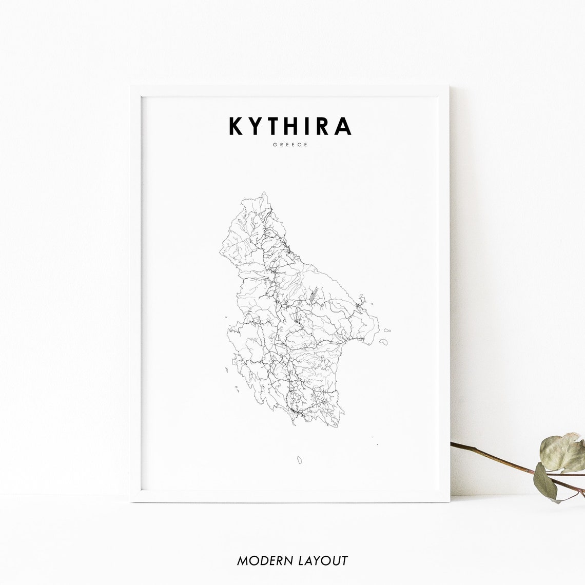 Kythira Greece Island Minimalist Road Map Black White Wall Art
