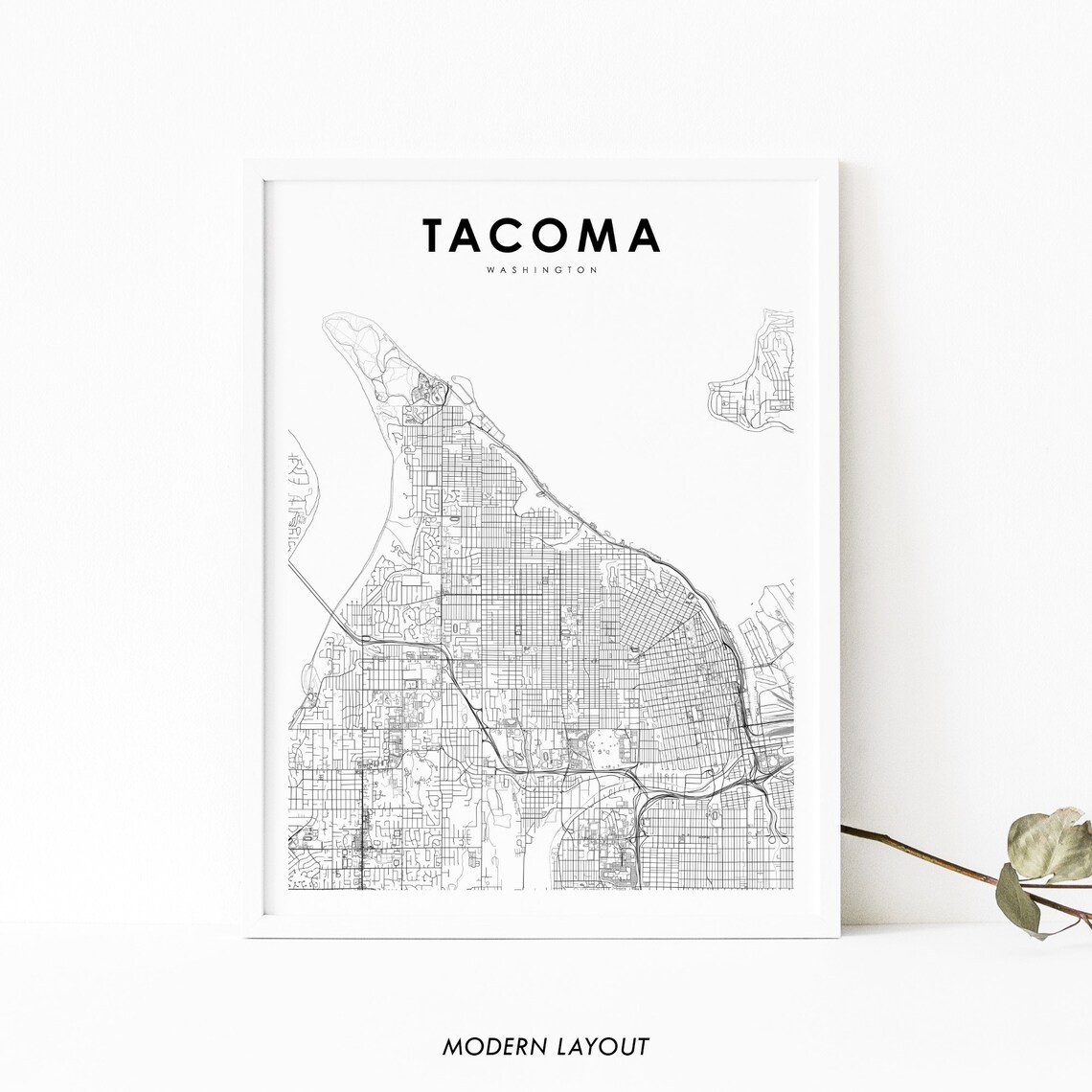 Tacoma Washington Minimalist Black And White City Street Map Poster