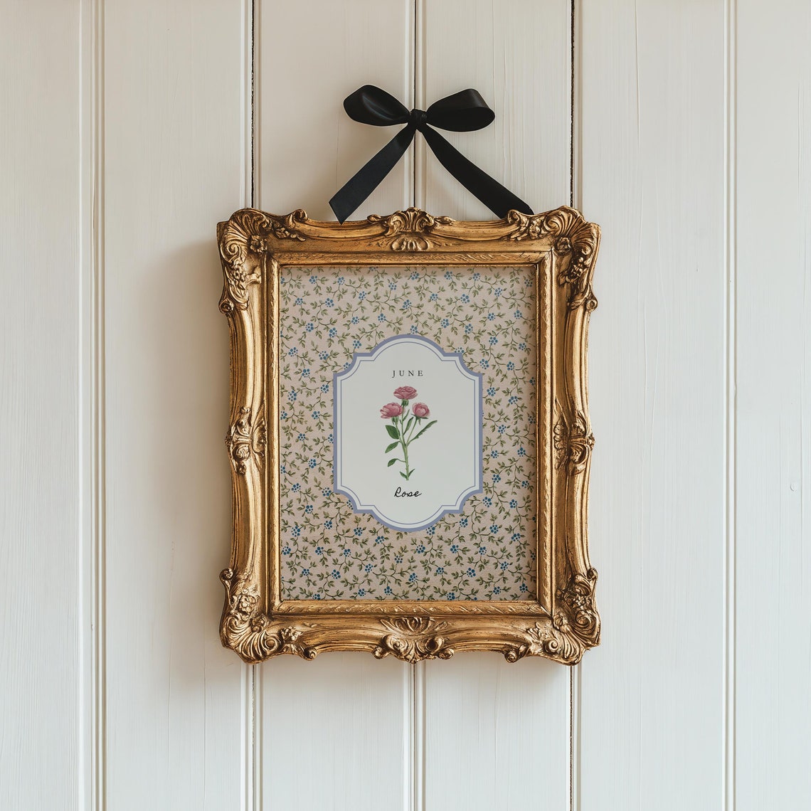 June Birth Flower Pink Rose Watercolor in Label Frame Botanical Poster